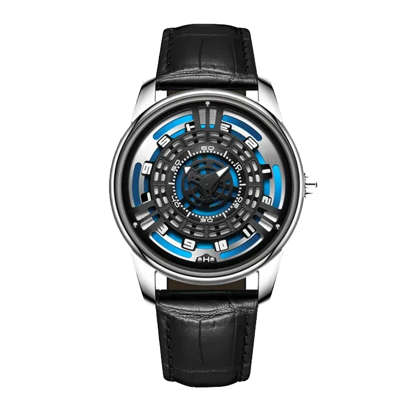 Wristwatch with black leather strap and blue and silver dial on a white background