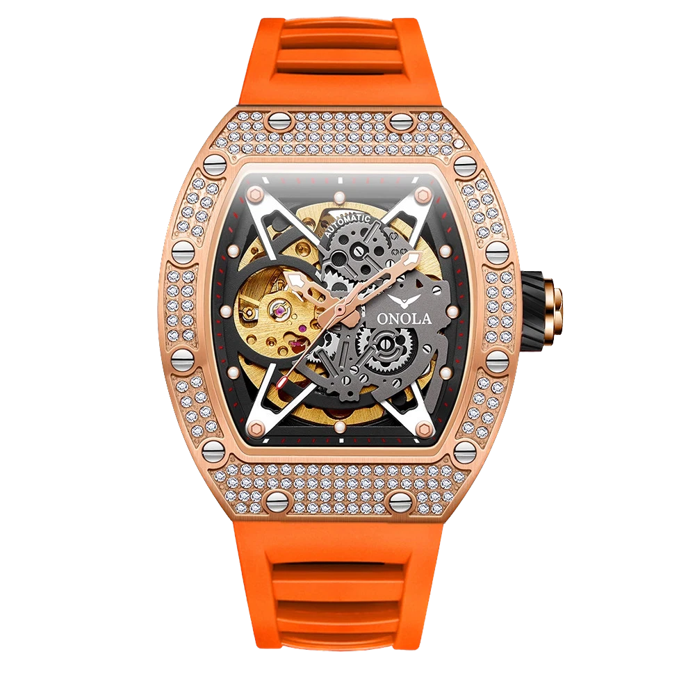 Luxury watch with orange strap and diamond-studded case on white background