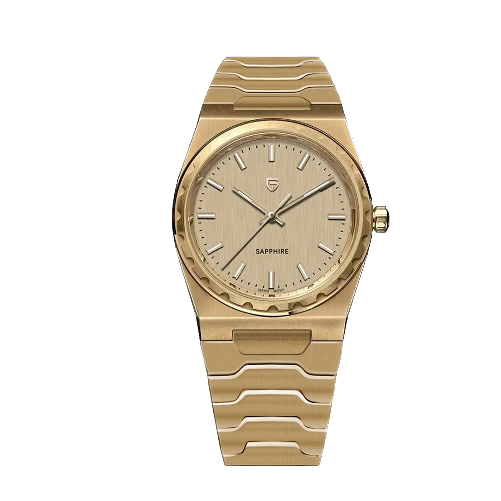 Gold wristwatch with a white dial on a white background