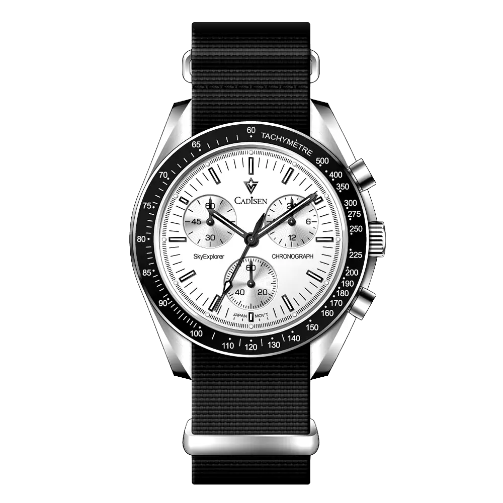 Watch with black strap and white face on a white background