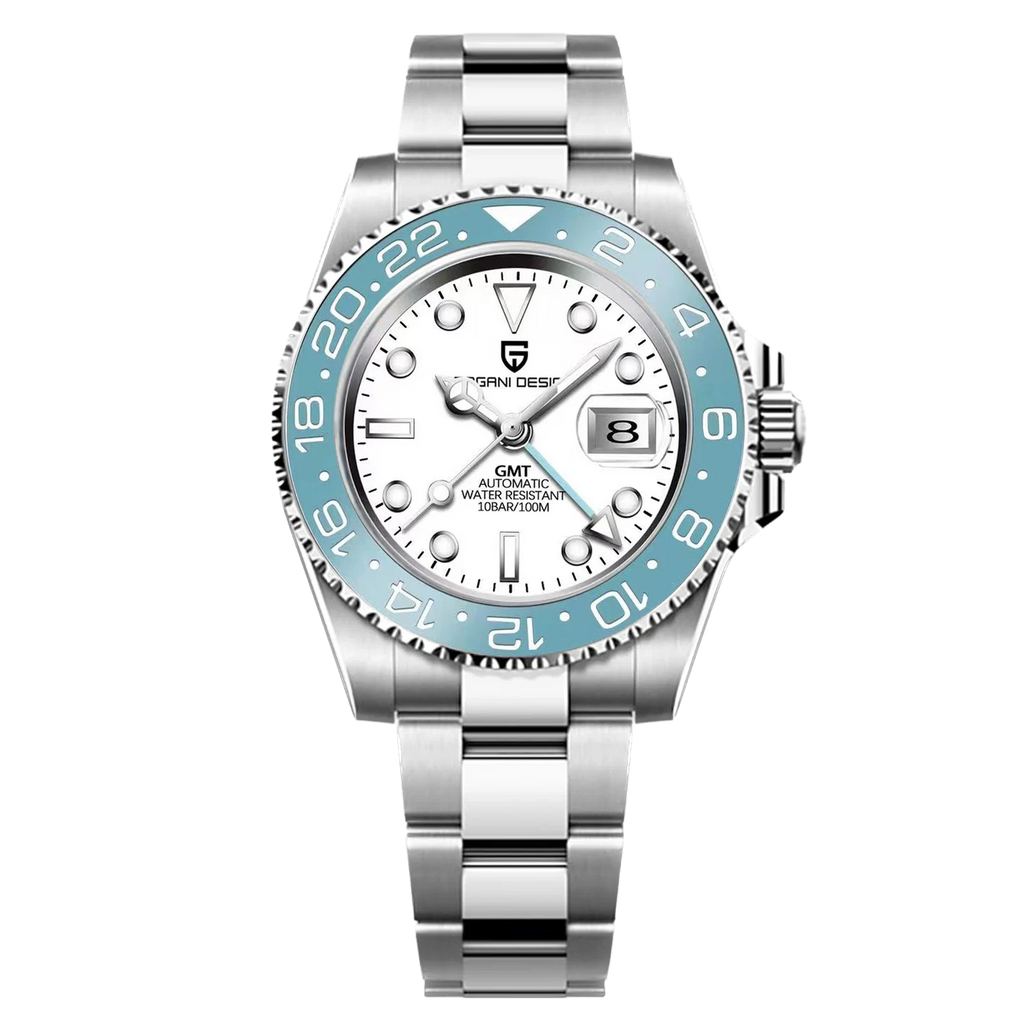 Watch with silver case and blue bezel on a white background