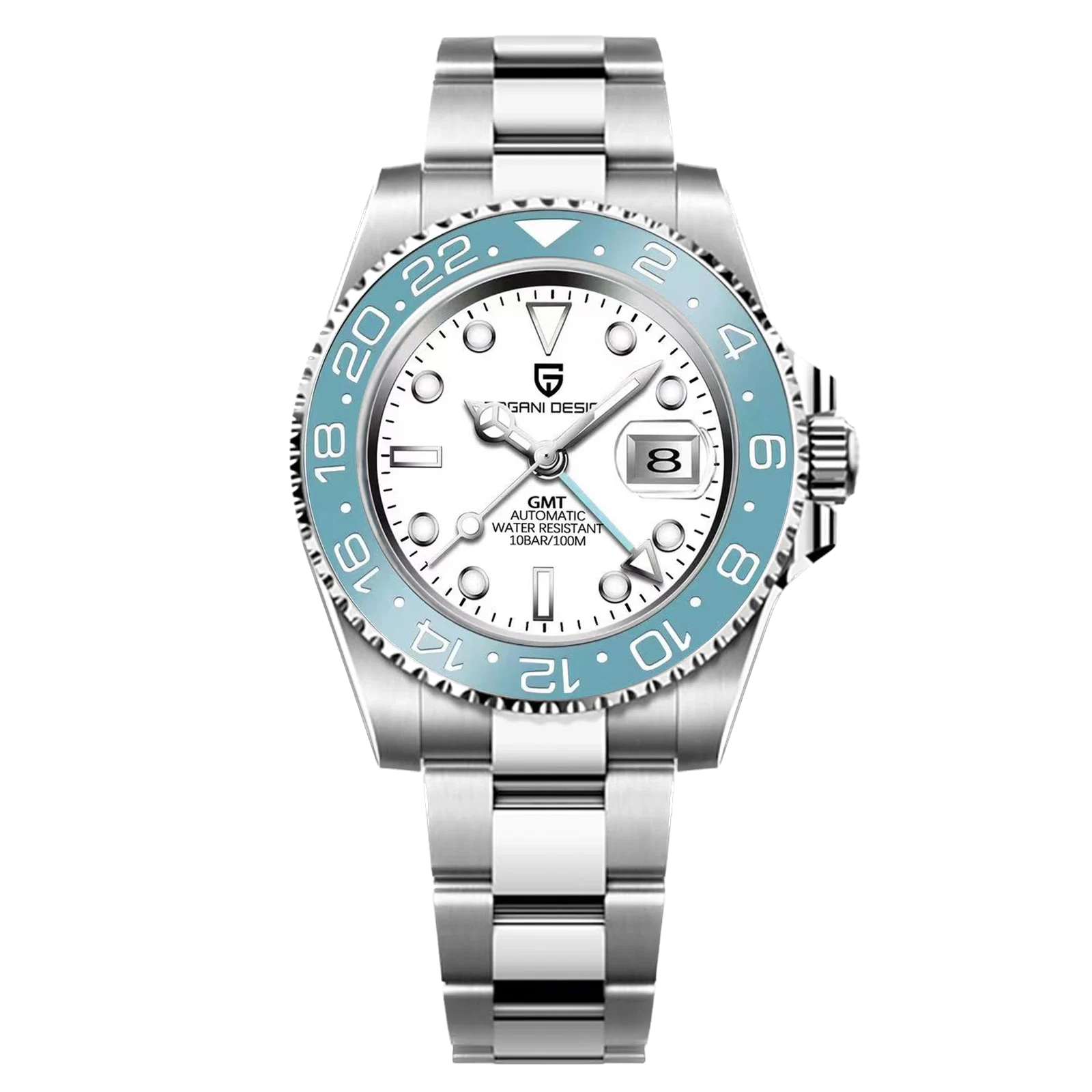 Watch with silver case and blue bezel on a white background