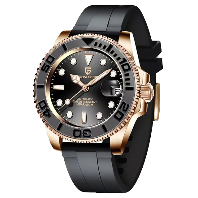 Luxury watch with black and rose gold design on a white background