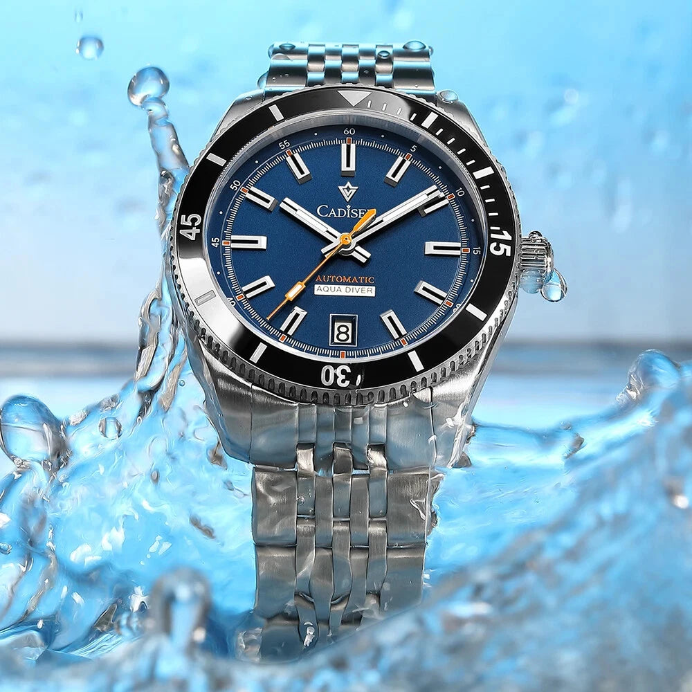 Cadise watch with blue face and silver band on a water-themed background