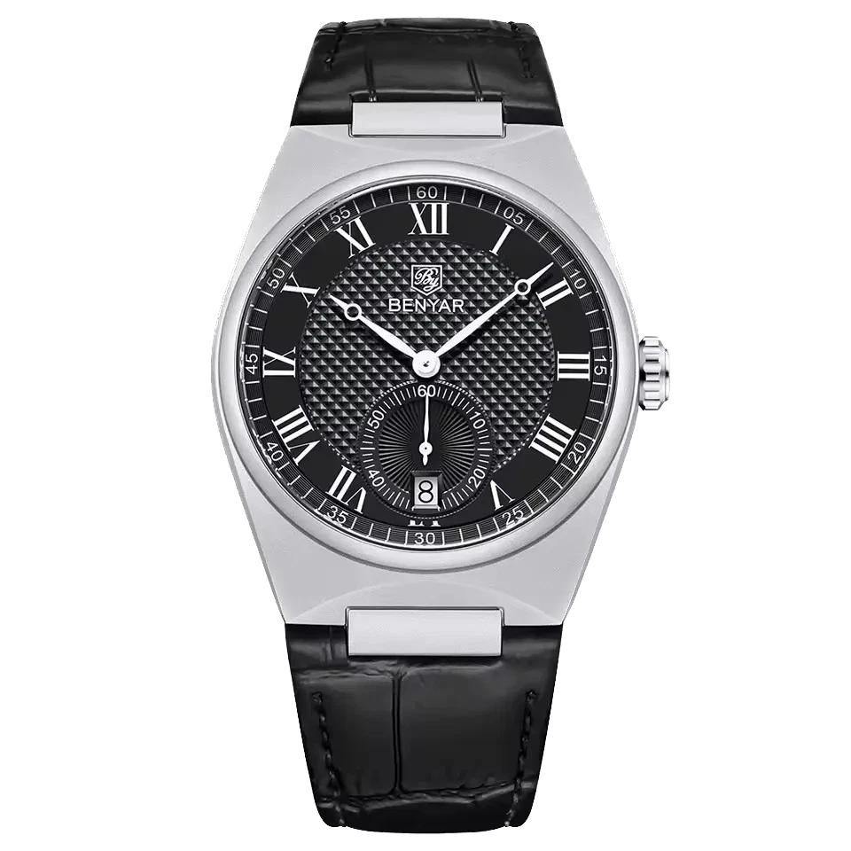 BENYAR watch with black leather strap and black dial on a white background