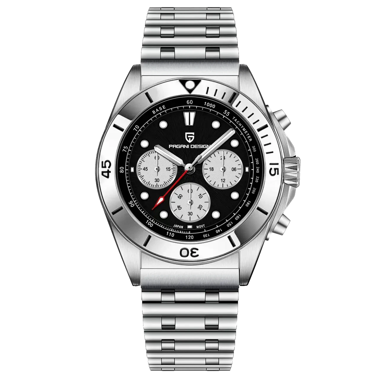 Silver watch with black dial on a white background