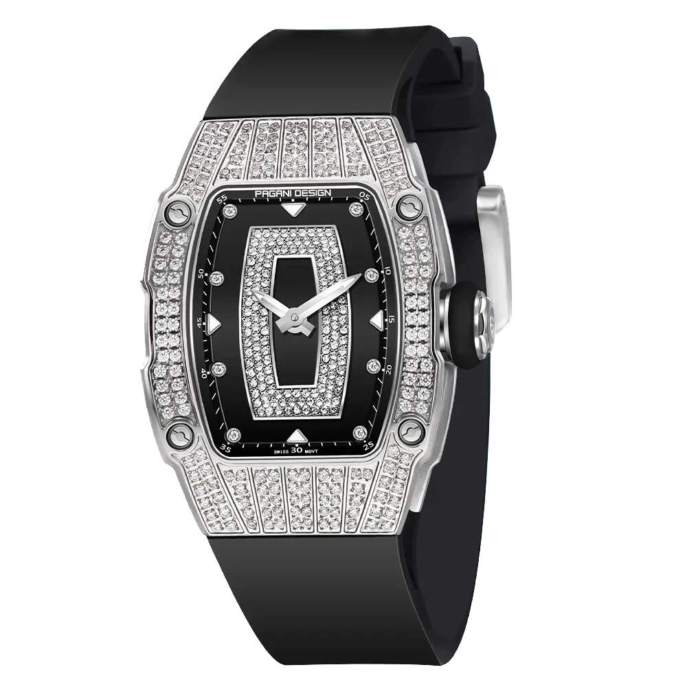 Luxury watch with black strap and diamond-encrusted face on a white background