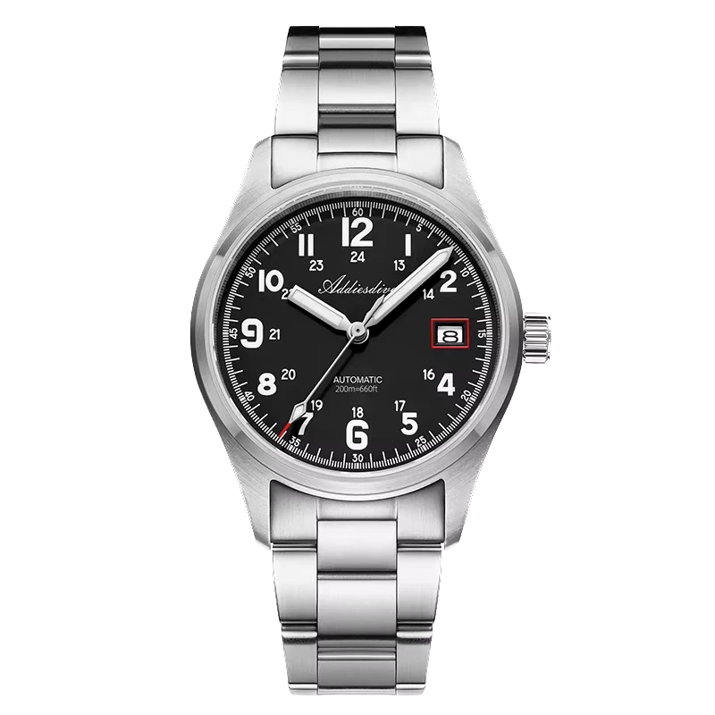 Silver wristwatch with black dial on a white background