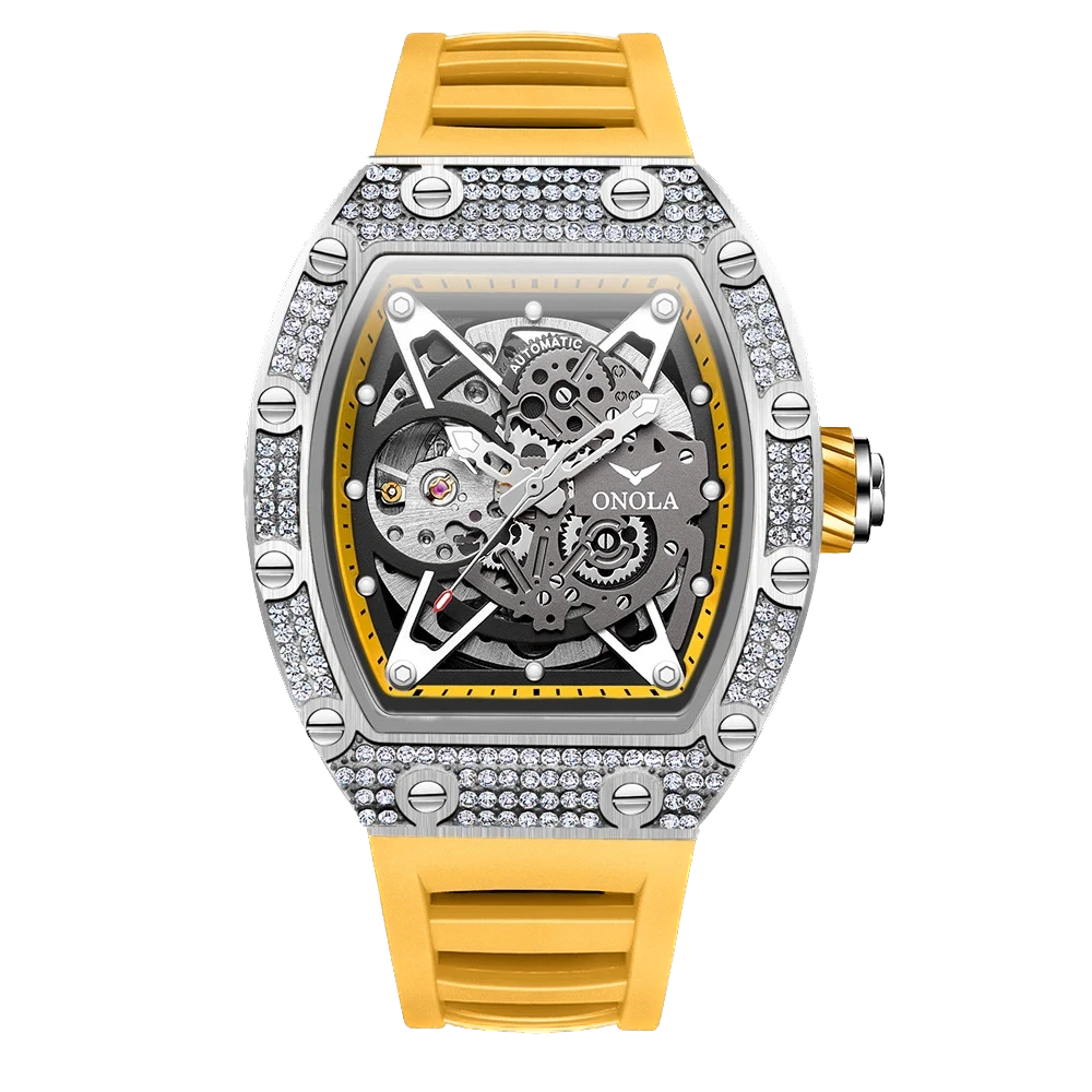 Luxury watch with yellow strap and intricate design on a white background