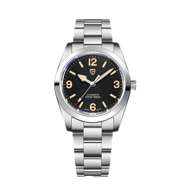 Silver wristwatch with black dial on a white background