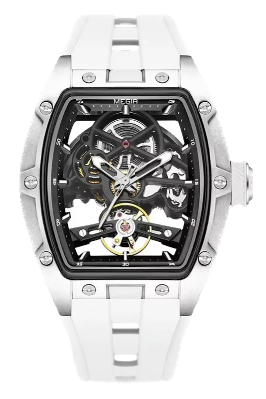 Silver and black mechanical watch with visible brand name on a white background