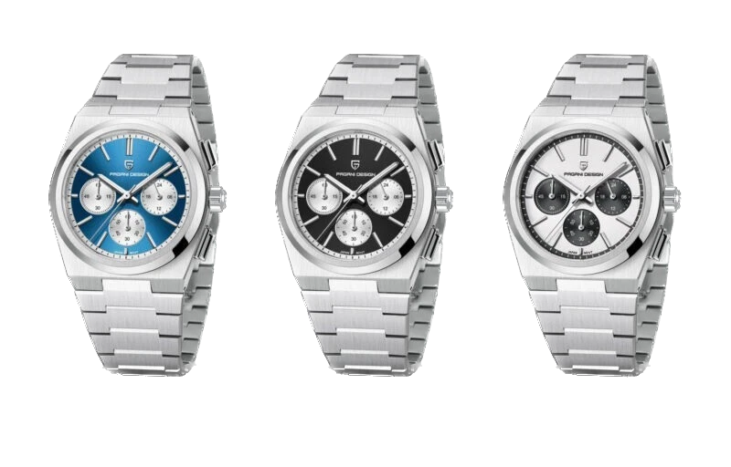 Three silver watches with different face designs on a white background