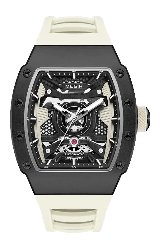 Black and white watch with visible brand name on a white background