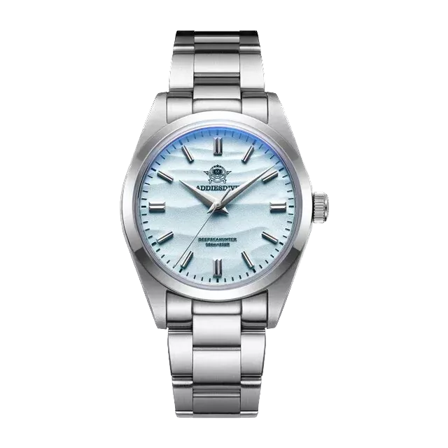 Silver watch with a light blue face on a white background