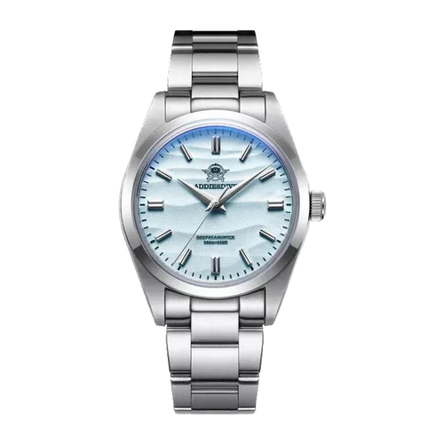 Silver watch with a light blue face on a white background