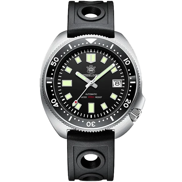 Black and silver watch with a detailed face on a white background