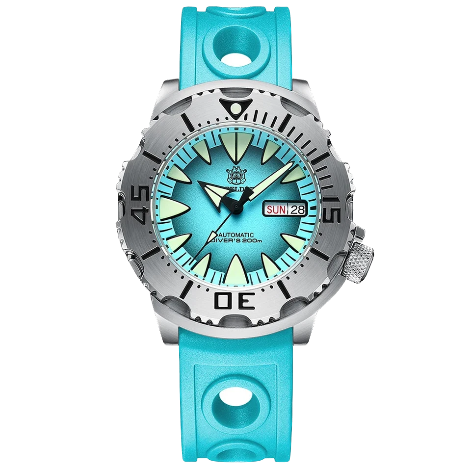 Watch with turquoise strap and face on a white background