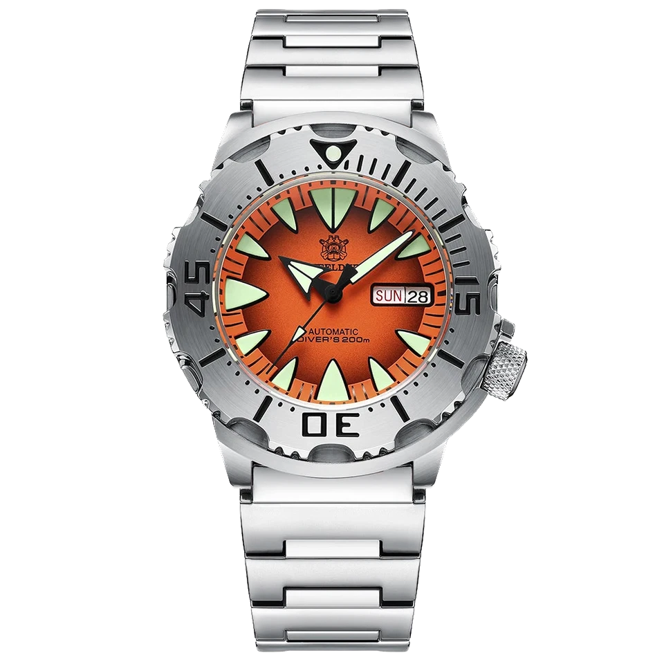 Watch with a silver strap and orange face on a white background