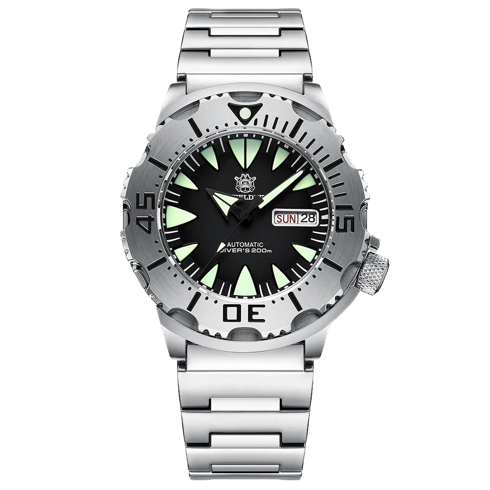 Silver wristwatch with a black face on a white background
