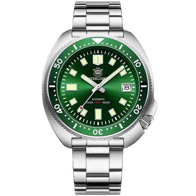 Watch with green dial and silver metal strap on a white background