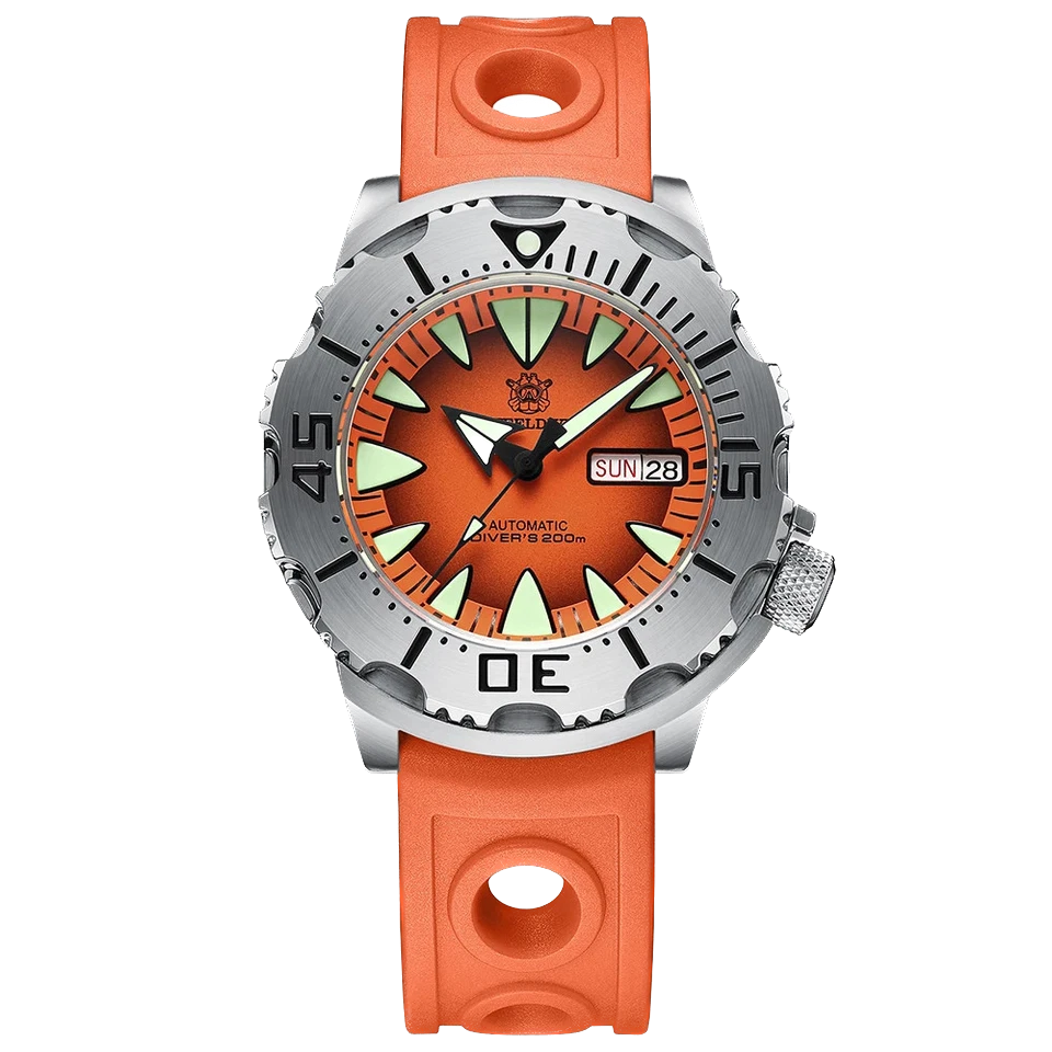 Watch with orange strap and orange dial on a white background