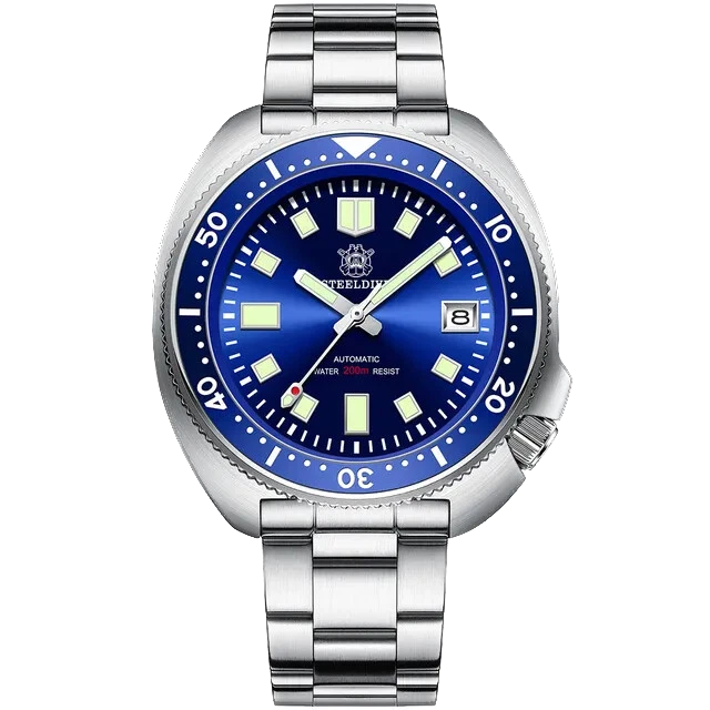 Steeldive watch with blue dial and silver metal strap on a white background