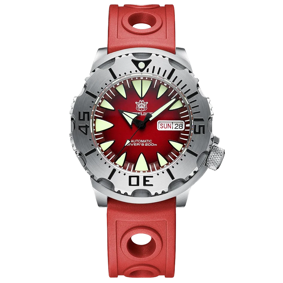 Watch with red strap and red face on a white background