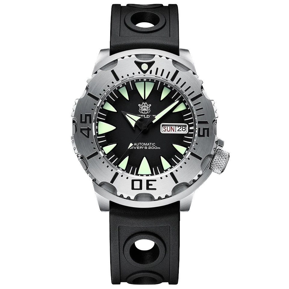 Wristwatch with black strap and glow-in-the-dark face on a white background