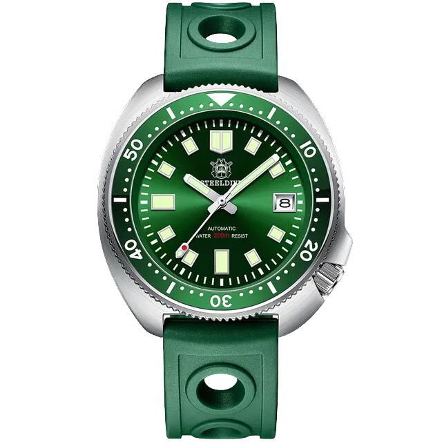 Green watch with a white face on a white background