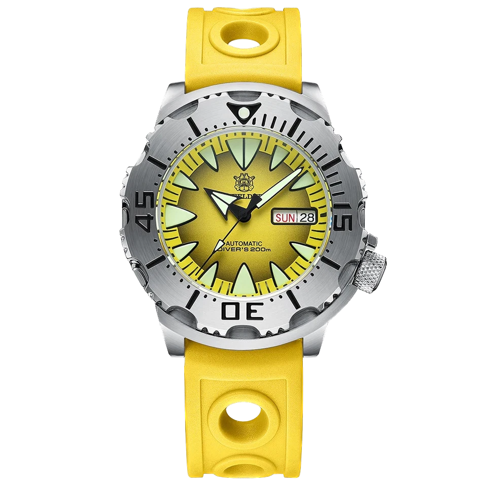 Wristwatch with yellow strap and greenish face on a white background