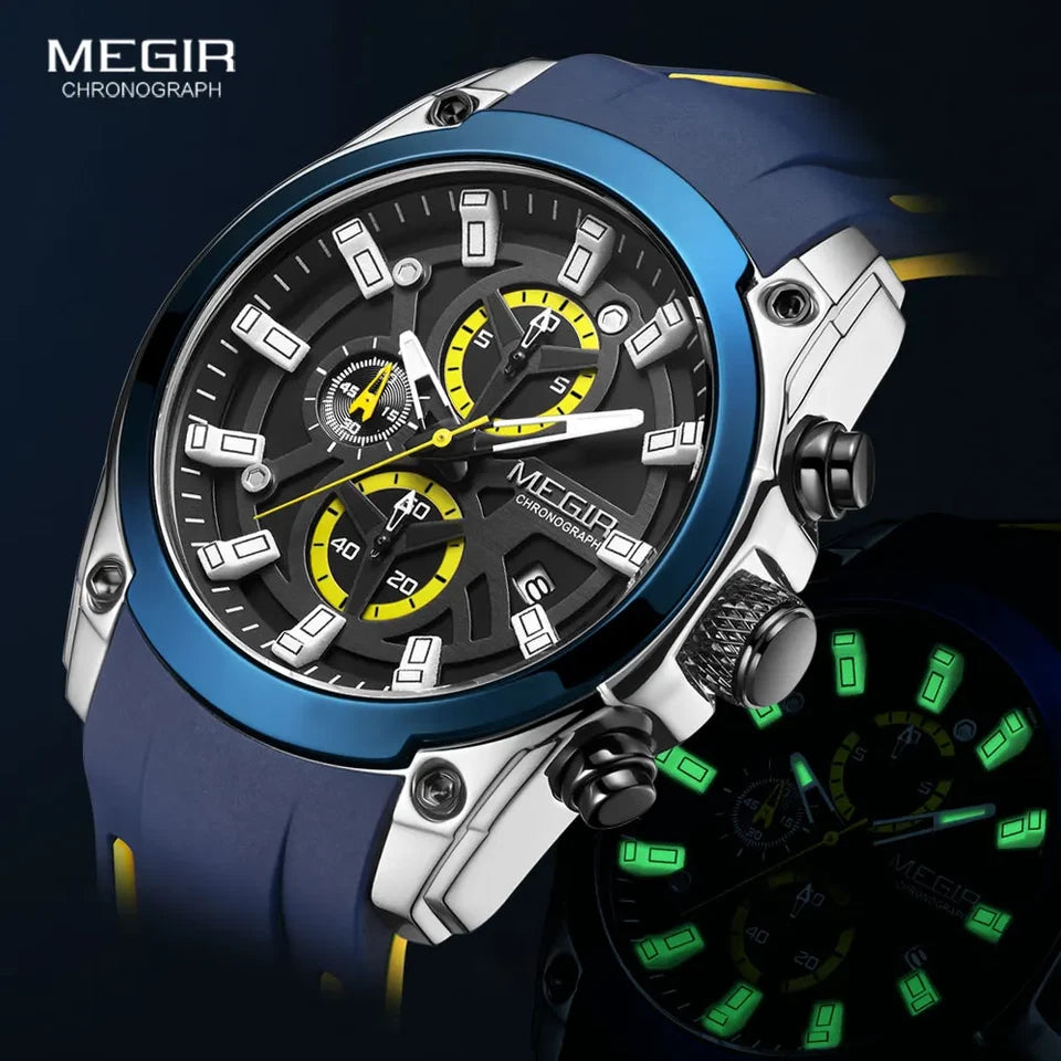 Blue and silver Megir chronograph watch with yellow accents on a dark background