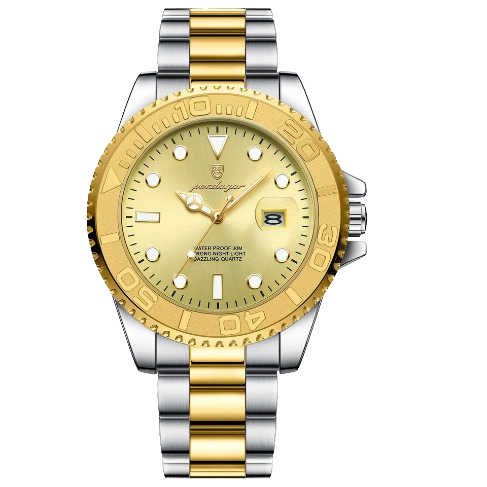 Gold and silver watch with detailed face on a white background