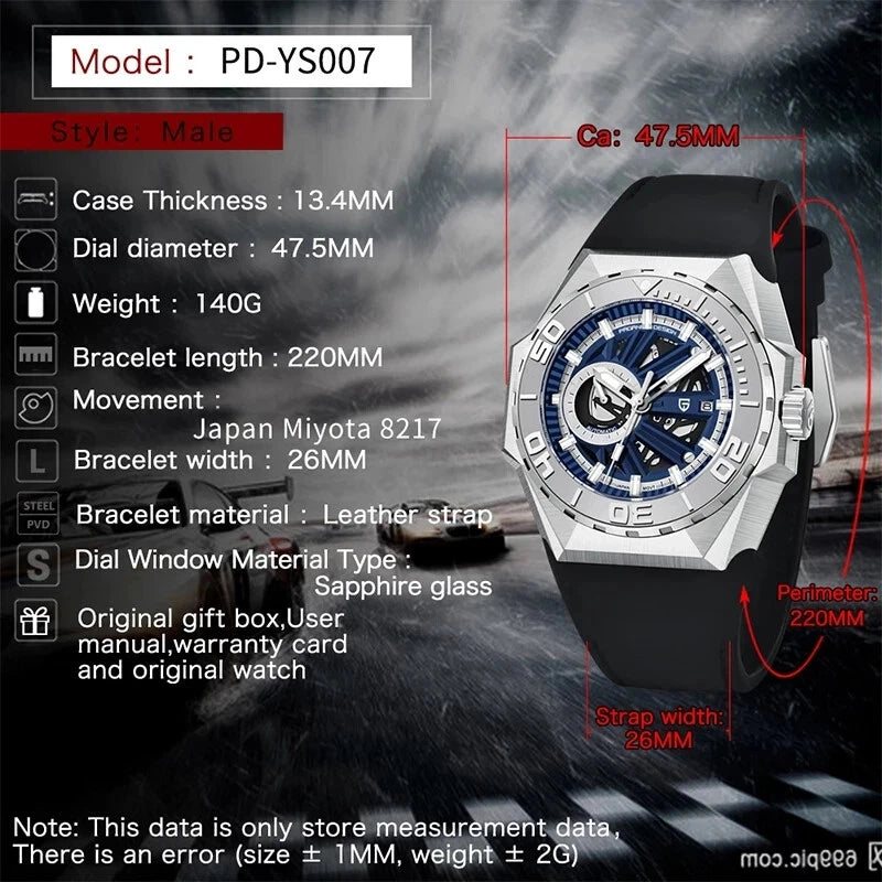 Watch with detailed specifications on a dark background