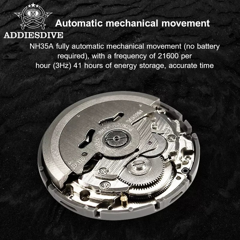 Automatic mechanical movement mechanism with ADDIESDIVE branding on a dark background