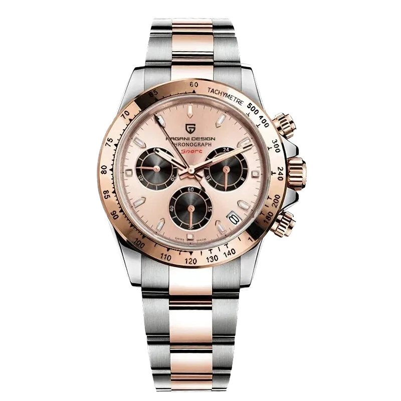 Luxury watch with rose gold and silver band on a white background