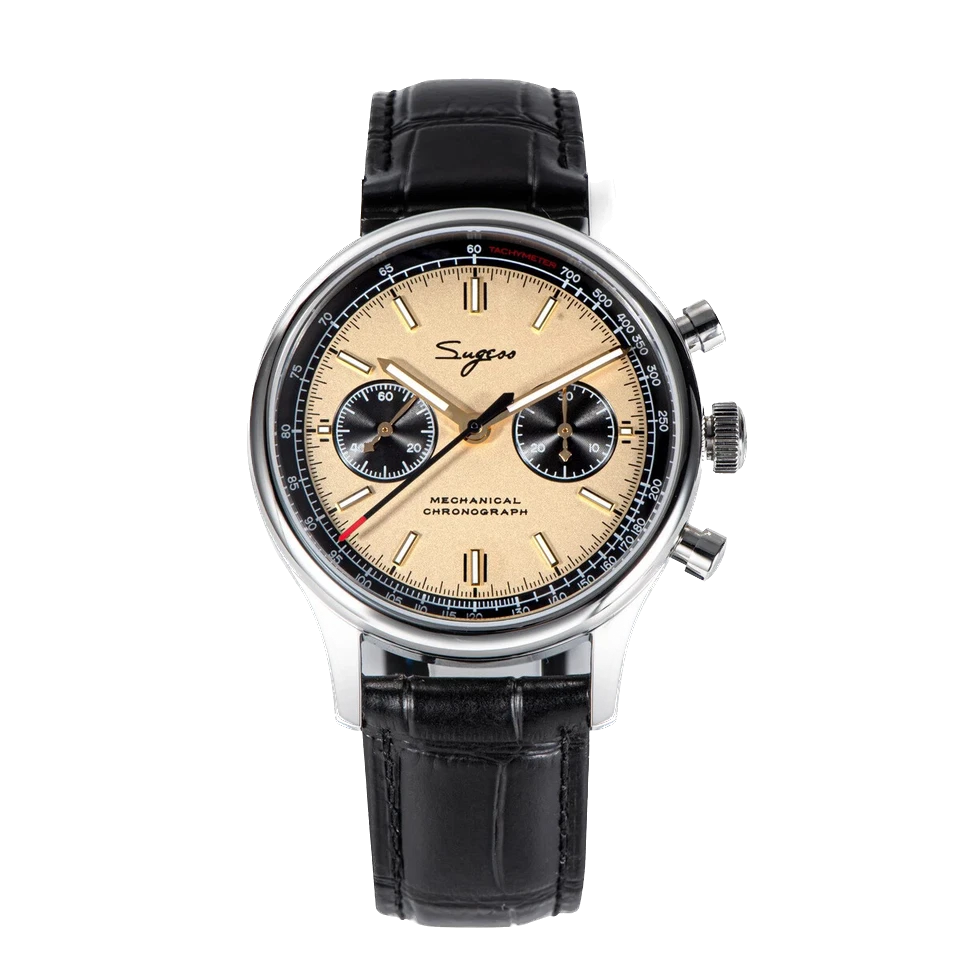 Wristwatch with black strap and beige dial on a white background