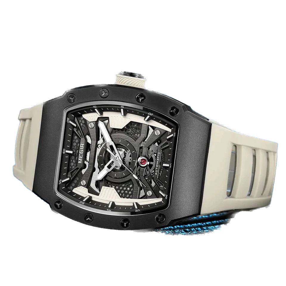 Luxury watch with a black and beige design on a white background
