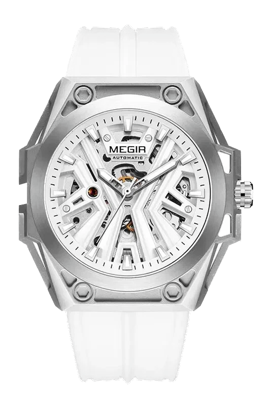 White Megir watch with a detailed face on a white background