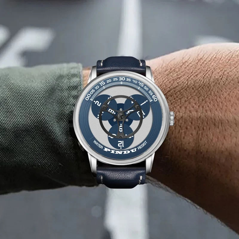 Wristwatch with blue strap and detailed face on a wrist, blurred background