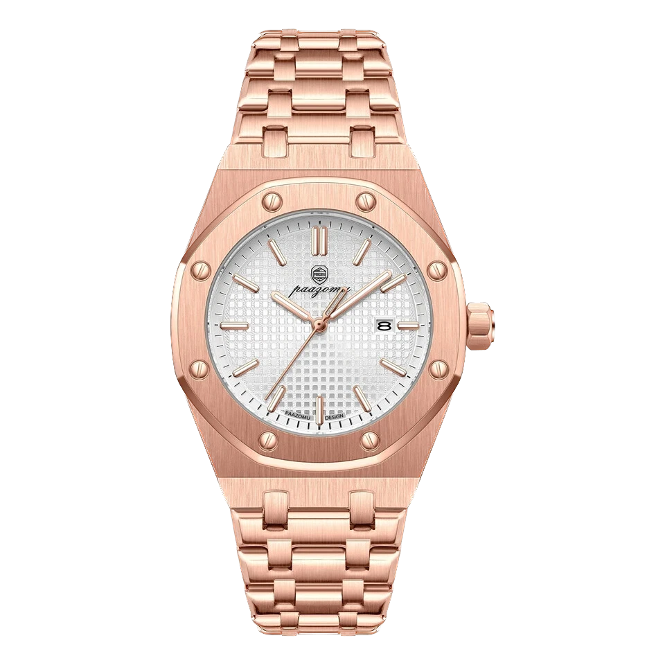 Rose gold watch with a white face on a white background