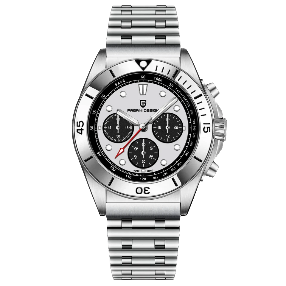 Silver watch with a black face on a white background