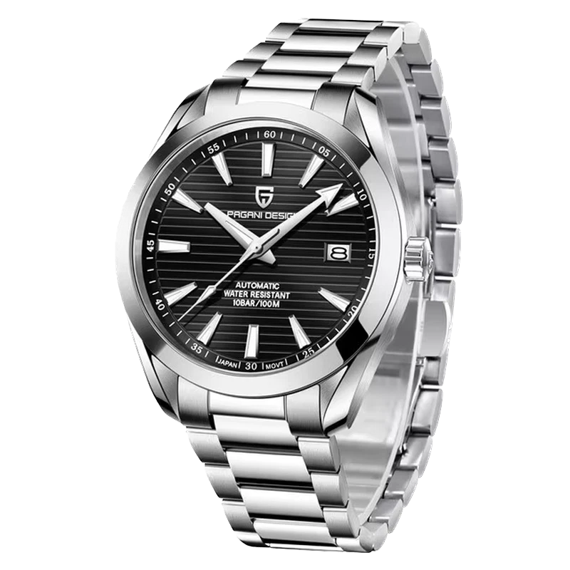 Silver wristwatch with black dial on a white background