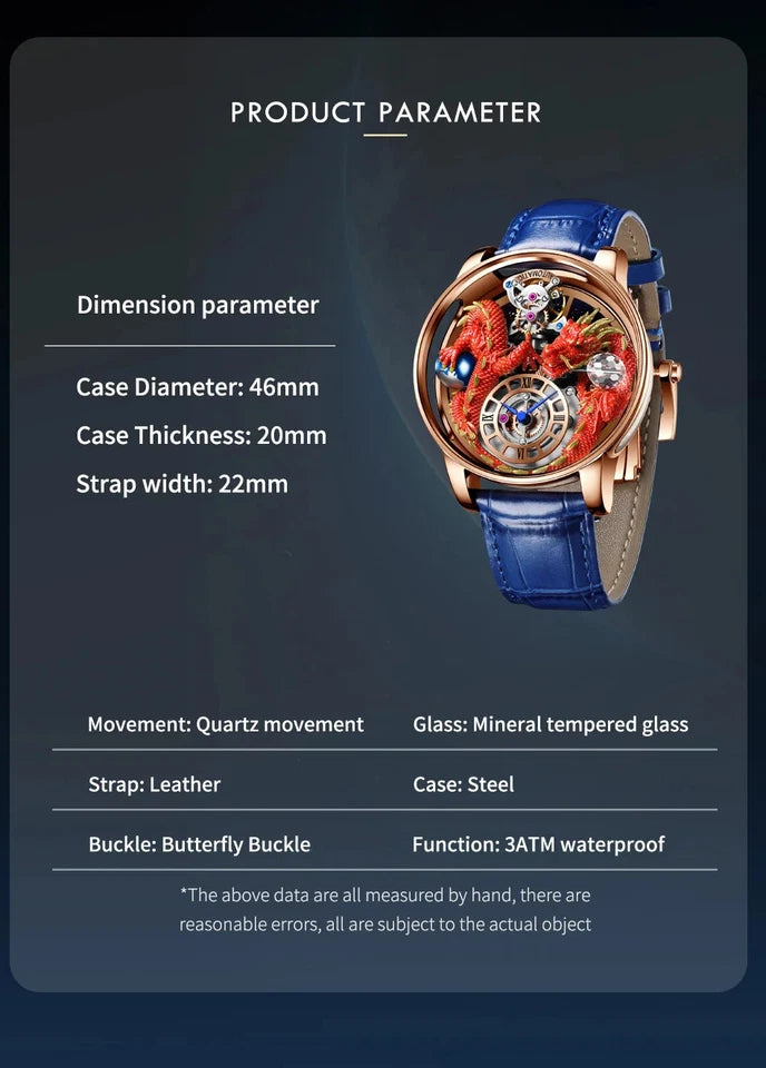 Watch with detailed specifications on a dark background