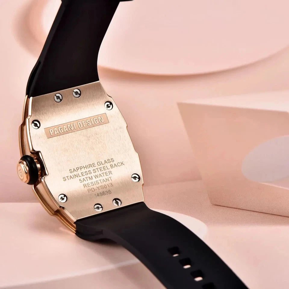 Close-up of a watch with 'PAGANI DESIGN' branding on a pink background