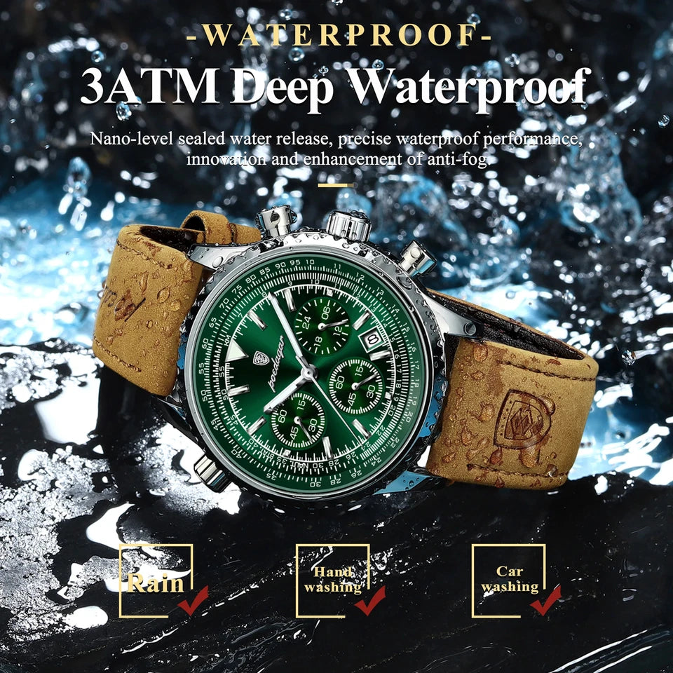 Watch with brown leather strap and green face on a water-themed background, emphasizing waterproof feature.