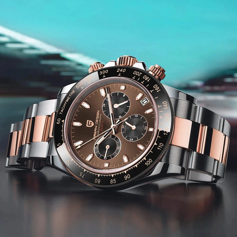 Luxury watch with rose gold and silver band on a blurred background
