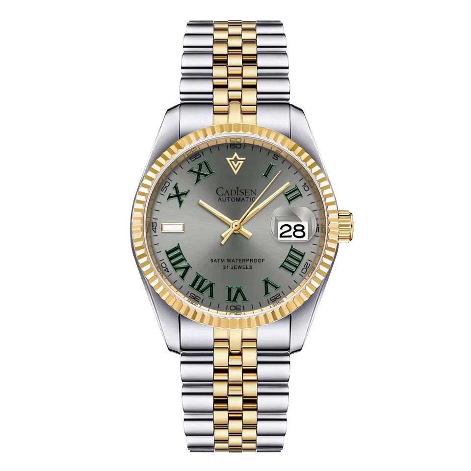 Luxury watch with silver and gold band on a white background