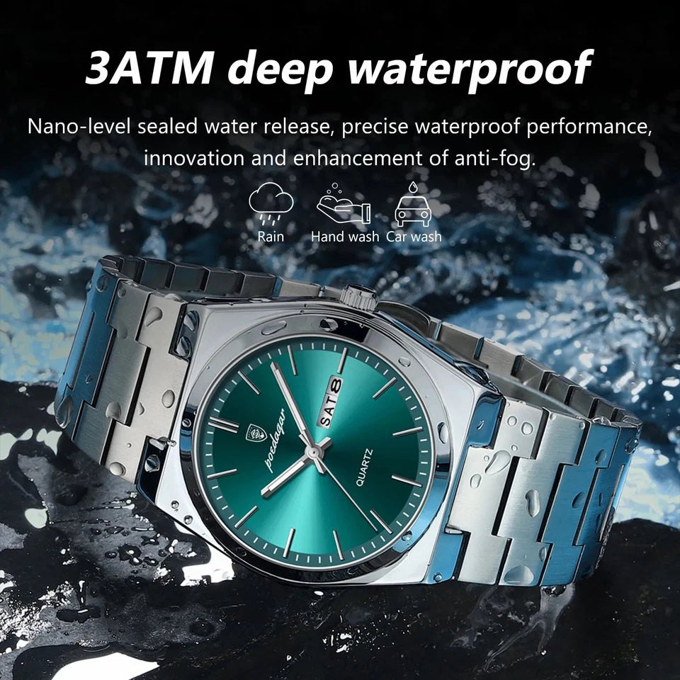 Watch with green face and metal band on a water-themed background, emphasizing waterproof feature.