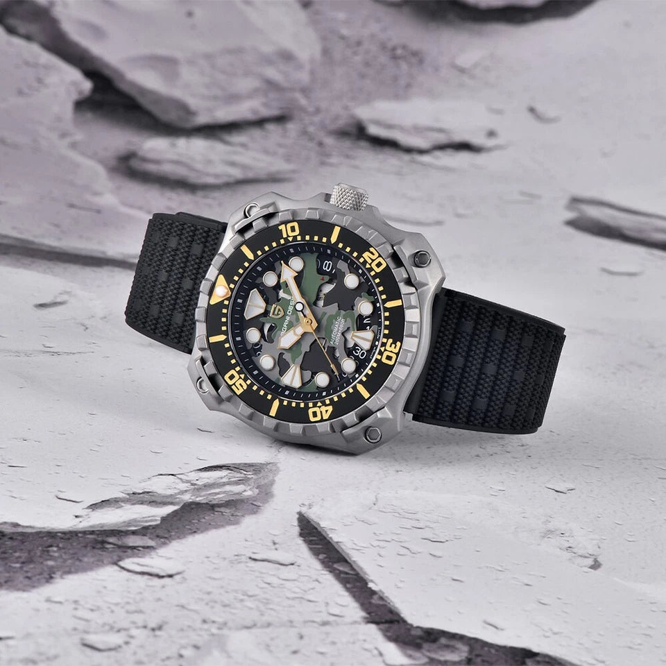Wristwatch with black strap and detailed face on a textured surface