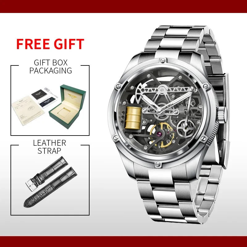Silver watch with free gift packaging and leather strap on a white background